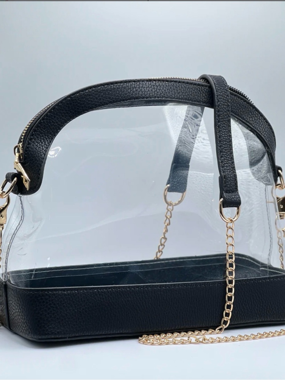 Clear Black Dome Crossbody Bag Zip Top Gold Chain Strap Detachable Solid